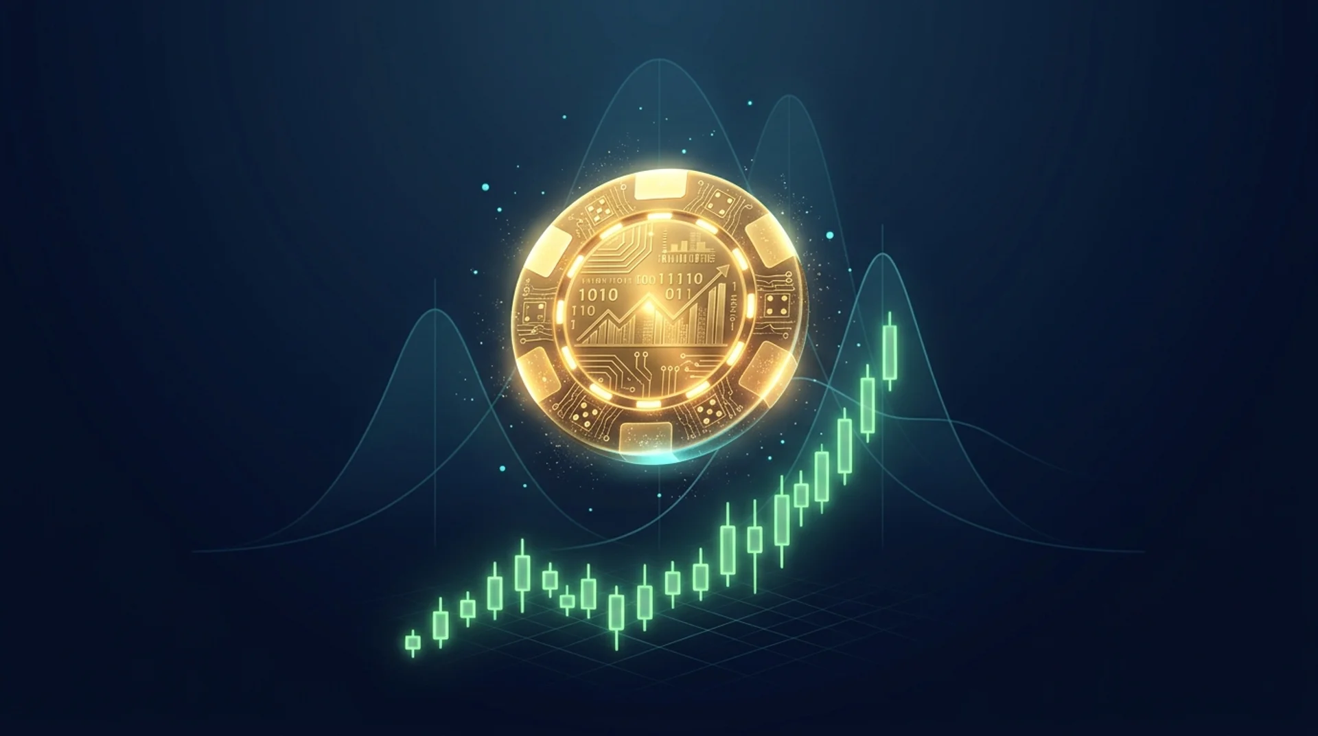 Gold poker chip suspended over a rising candlestick chart representing EV and discipline