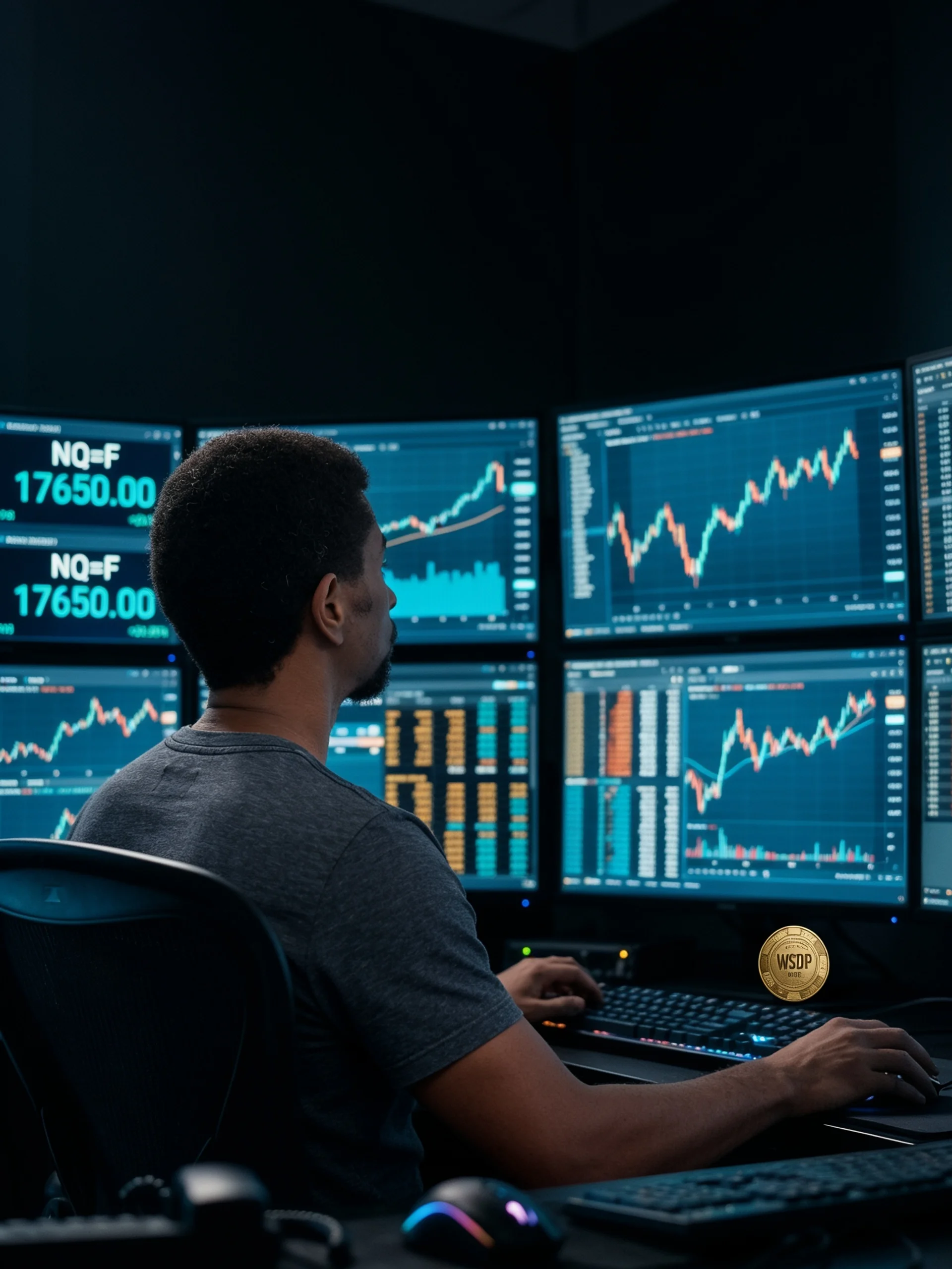 Trader at a wall of monitors at night with a single gold poker chip on the desk