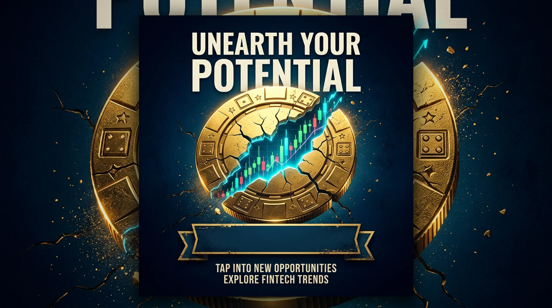 Bold poster of a gold poker chip revealing an upward candlestick chart