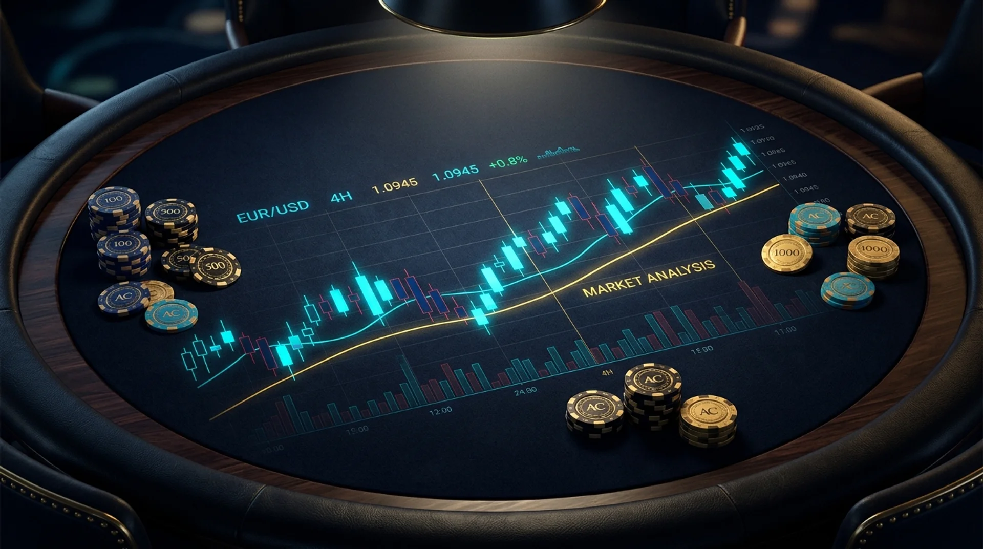 Poker table felt blending into a glowing trading chart