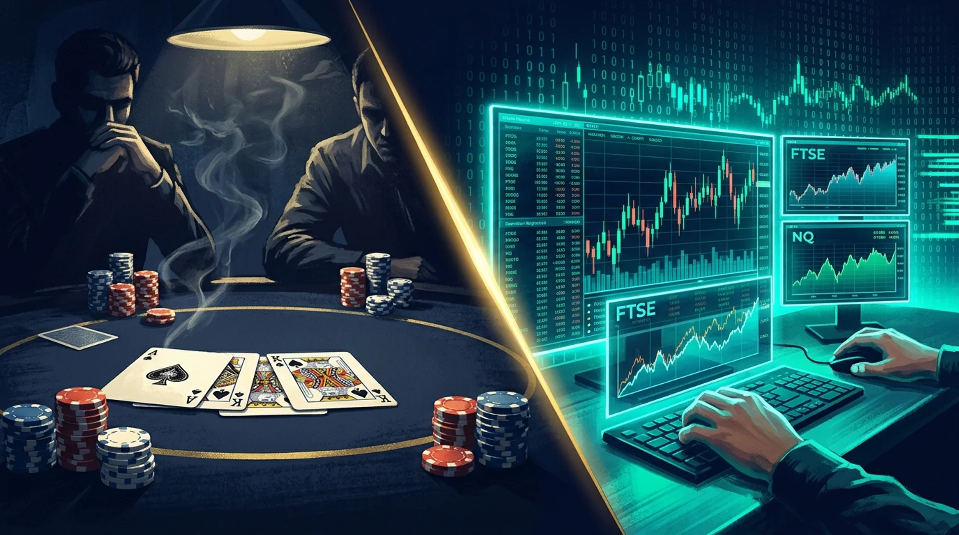 Split image of a high-stakes poker room and a futures trading desk fused by a gold seam of light